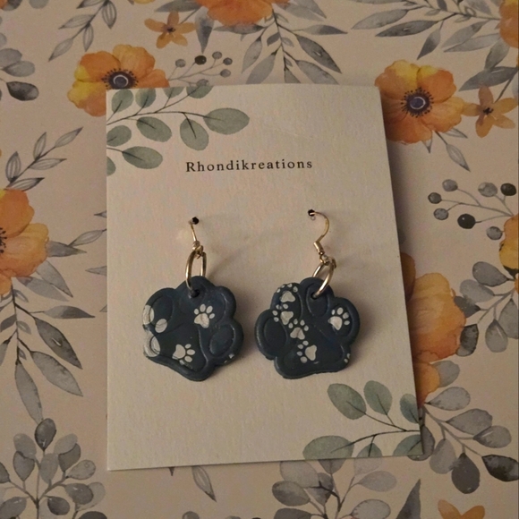 🆕️ Clay Teal/White Paw Print Stud Earrings w/ Drop Dangle Made by Local Artist - Picture 1 of 3